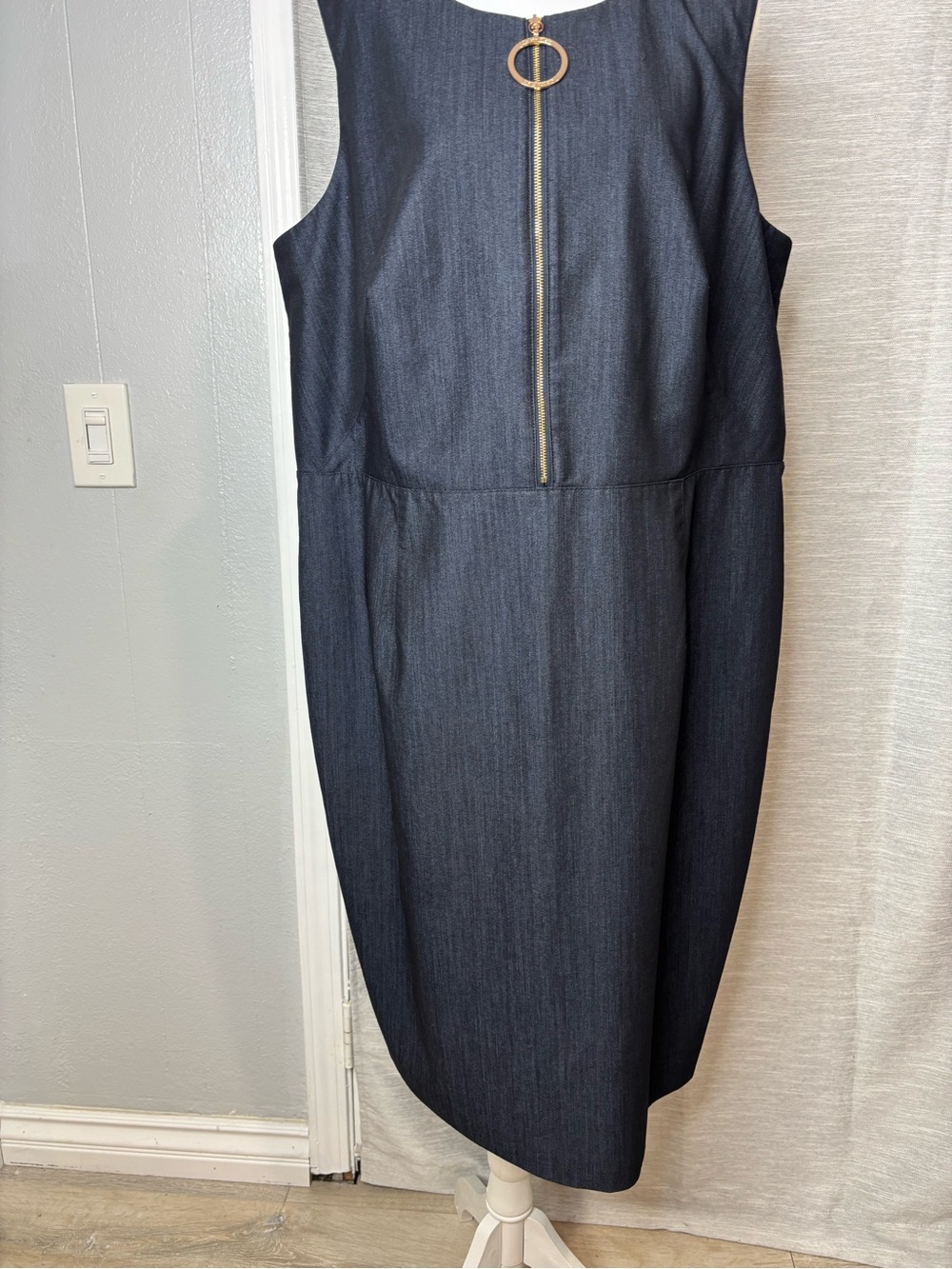 Calvin Klein Dark Denim Midi Sheath Dress with Gold Zip Ring